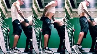 Tattooed college chick gets his holes drilled in public by uncut guys with gloves