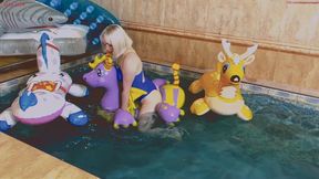 Alla hot fucks three rare inflatable toys in the pool