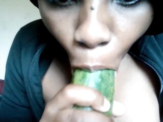 This is how u eat your veggies (Prettylilebony cries during the time that deepthroating cucumber like this babe'd suck dad's cock)
