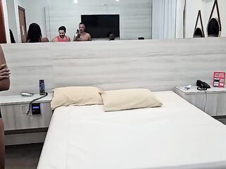 Behind the scenes of the fuckfest with Jady Martins and Gabyy Peclat, giving anal and vaginal sex to 3 well-endowed males in a motel and getting cum on their faces.