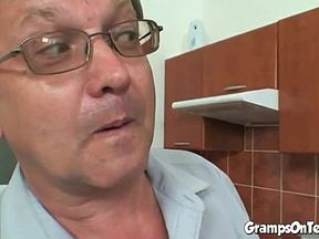 Petite threeway teen on old man cock