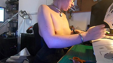Dutifully working away sewing face masks while plugged and corseted, with a tight hobble skirt on and my wrists chained toget...