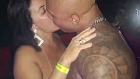 Sexy MILF with big ass sucks black cock in public