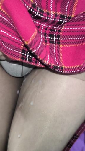 Huge Sissy Girl&#039;s Hard Cock Explodes Through Friend&#039;s Shiny Sexy Gray Pantyhose!