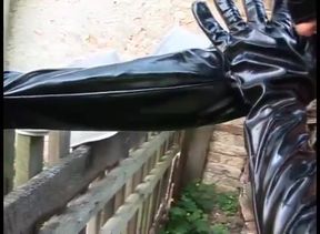 Sexy brunette in leather lingerie tied hand and fucked pretty hard