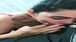 Asian GF gives double blowjobs to two hard cocks