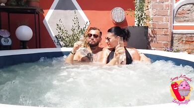 Italian milf drinks his cum from a glass after anal in the pool