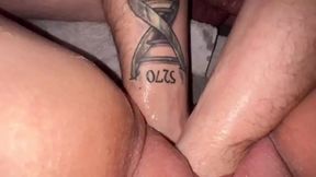 Mature housewife's dripping wet snatch double-handedly receives two pulsing cocks
