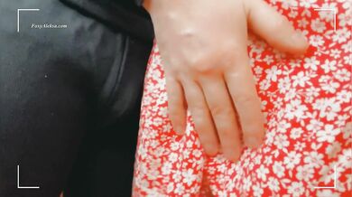 Fantasy in the bus! Petting petite girl under dress in the public place. Pick up girl