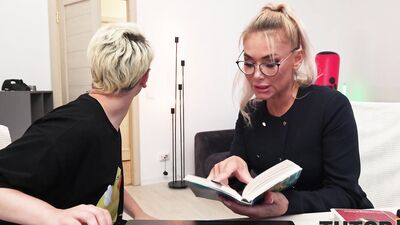 TUTOR4K. MILF tutor in stockings got so mad and then so horny so she tried 2 dicks at the same time