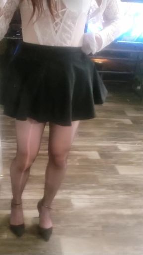 Cute trans girl in showing her cute caged cock and ass in pantyhose