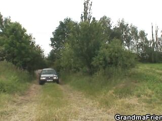 Picked up hawt grandma gets double penetration in the fields