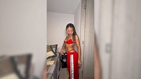 Sexy ebony babe in red lingerie gets railed by her friend - POV