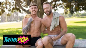 Brogan and Phoenix Leo flex fit twink muscles before raw indoor ass fuck