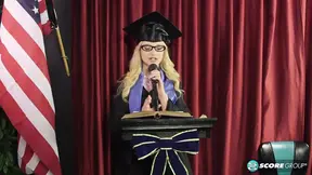 Naughty blonde teen Aubrey Gold plays with her wet pussy at graduation