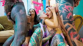 Three sultry alt ladies share two eager cocks