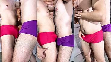 Rubbing Bulges in Speedo Swim Trunks
