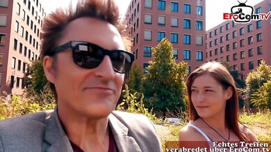 Young student tourist meets for casting in German city before moving indoors