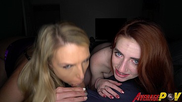 Blonde step Mom and Red Head Teen Give Double Blowjob