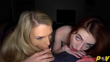 Blonde step Mom and Red Head Teen Give Double Blowjob