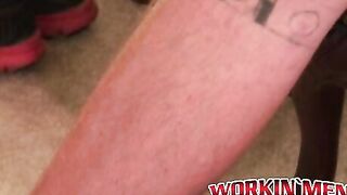 Bearded tattooed mature guy jerks off and cums on himself