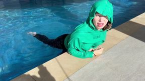 Baggy Style in the Pool! Wet Big Hoodie and Jeans!