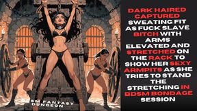 dark haired captured sweating fit as fuck Slave bitch with arms elevated and stretched on the rack to show her sexy armpits as she tries to stand the stretching in bdsm bondage session