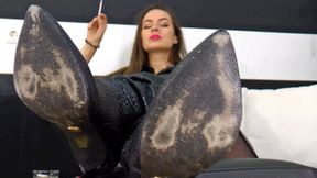Lick the boot soles and smell her nylon feet! - small version