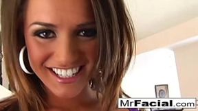 Hot babe gives a blowjob and gets a facial