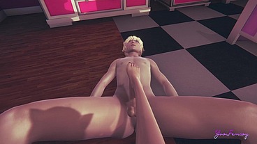 Yaoi Femboy - Erito jerks off with his feet sitting on his g chair - Sissy Crossdresser Anime Manga Japanese Asian Game
