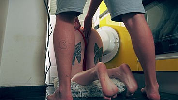 Step Son Fucks Step Mom Stuck in Washer - Hot Creampie Finish