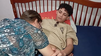 Busty blonde babysitter gets a face full of cum from her stud stepdad