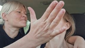 Face slapping and hand fetish sitting in the car 3FB