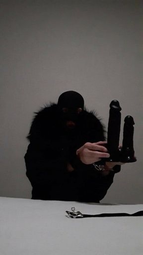 Cuffed fur slut deepthroats 2 dildos