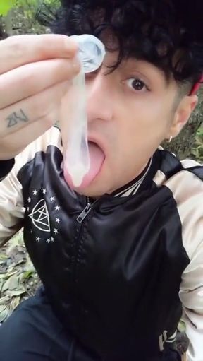 Having Cum Load From Used Condom, Rinsing Mouth with Cum and Swallowing Cum Outside