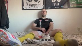 Cum inside soccer socks and cleats choked on big white cock