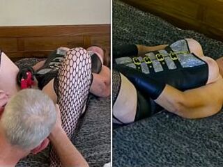 Older Gilf wearing gloves gets sex-toy screwed, banged and cream pie’d