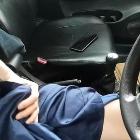 Asian Crossdresser Wearing Blue Satin Gown Masturbating In Car