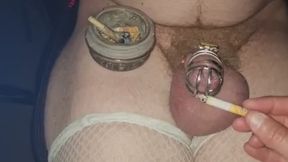 mistress smokes and uses slaves balls as an ashtray