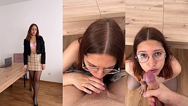 POV Secretary Sucks Under Table And Gets Cumload On Face For Pay Rise