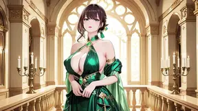 Teasing blonde in a green halter gown on sun-drenched balconies