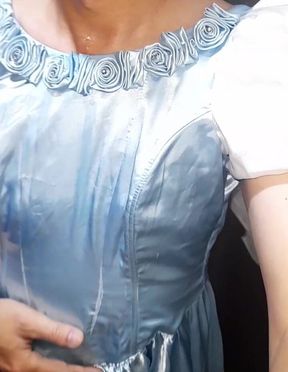 Crossdresser Cum Wearing Elegant Satin Ball Gown