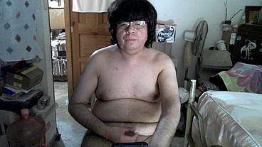 Naked chubby otaku masturbates until cum
