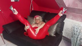 Busty Granny in Red Latex Teases Massive Tits Solo