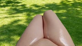 3 Oiled Cum on Green Grass in The Garden Outdoors
