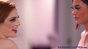 Sultry lesbian masseuse teases redhead MILF