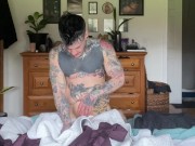 Grinding my pussy into the bed until I cum-Butch, FTM, Muscles, Tattoos