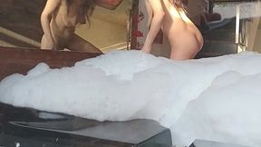 i wash my breasts with lots of foam. foamy bath on big breasts