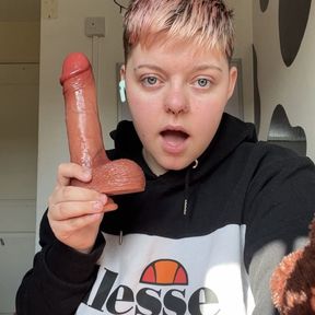 Trans boy Alexander gags on huge dildo