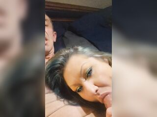 Blue hair MILF swallows my cum